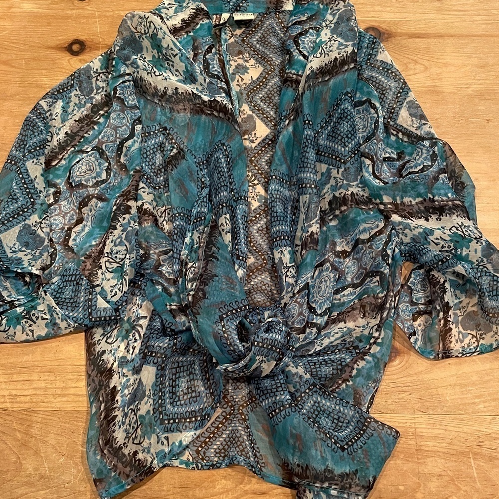 Free People Love Potion Turquoise flowy geometric kimono tie top Boho  XL - Picture 4 of 11